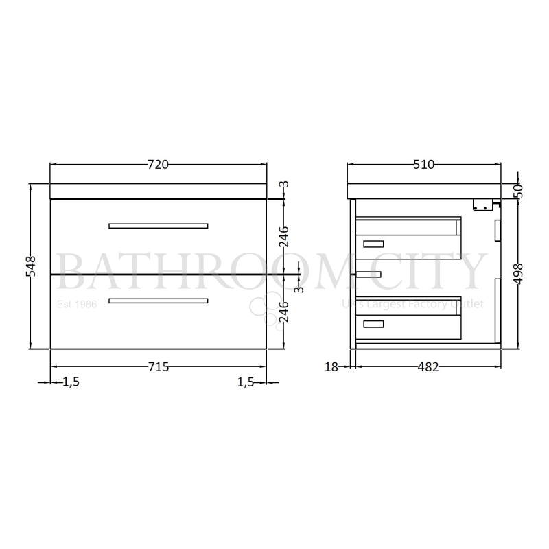 Quartet large wall hung 2 draw bathroom vanity unit and basin Specification Diagram