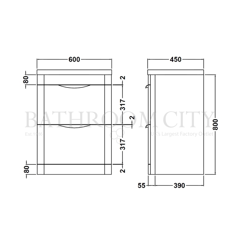 Parade 600 F/S 2 Drawer Basin & Cabinet Specification Diagram