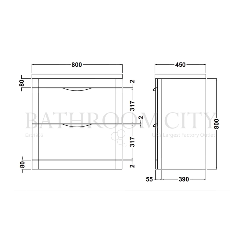 Parade 800 F/S 2 Drawer Basin & Cabinet Specification Diagram