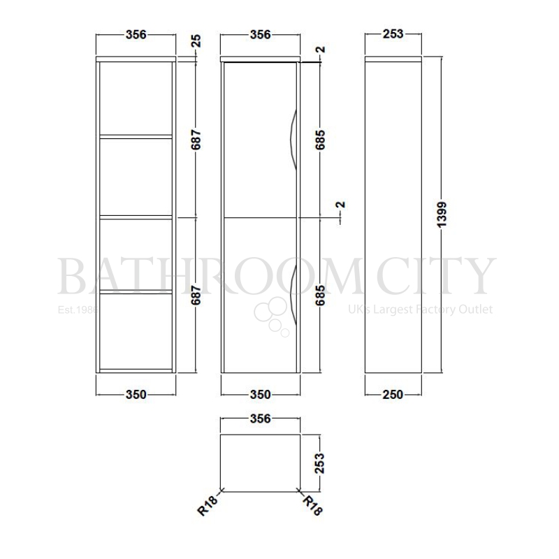 Parade Tall Wall Hung Unit (1400X350X250) Specification Diagram