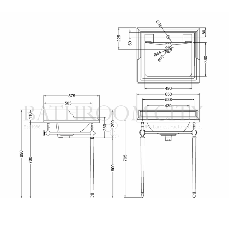 Classic 650 Rectangular basin and Chrome Wash stand Specification Diagram