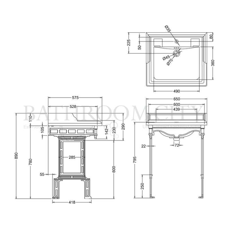 Classic 650 Rectangular basin and black Aluminium Basin Stand Specification Diagram