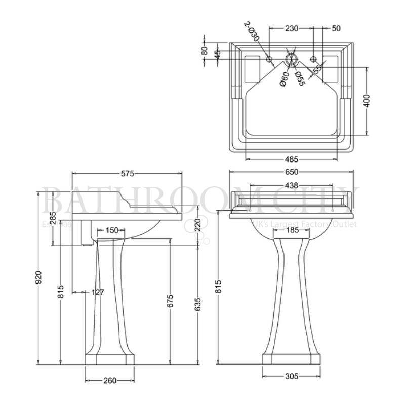 Classic Basin for Integrated Waste & Overflow 65cm 2TH And Ped Specification Diagram