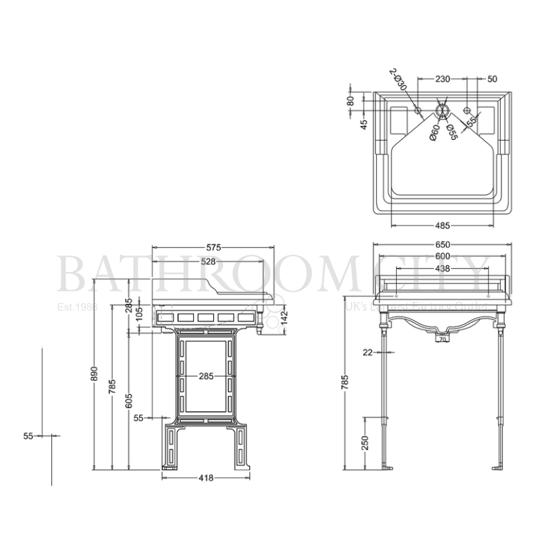 Classic Basin for Integrated Waste & Overflow 65cm 2TH and Brushed Aluminium Basin Stand Specification Diagram