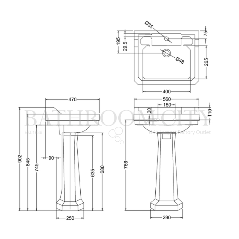 Edwardian Basin 56cm and standard pedestal Specification Diagram