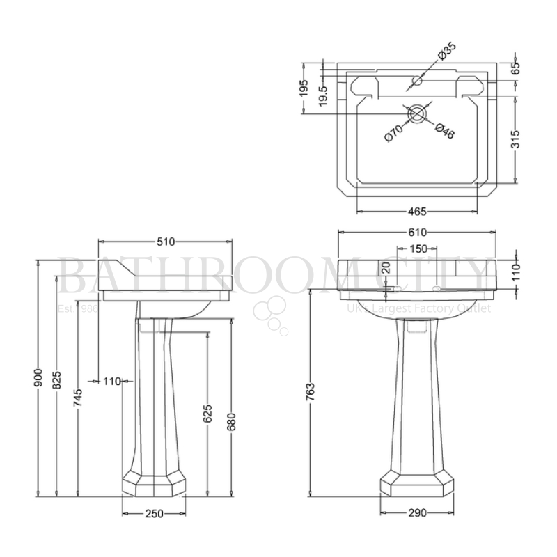 Edwardian Basin 61cm and standard pedestal Specification Diagram