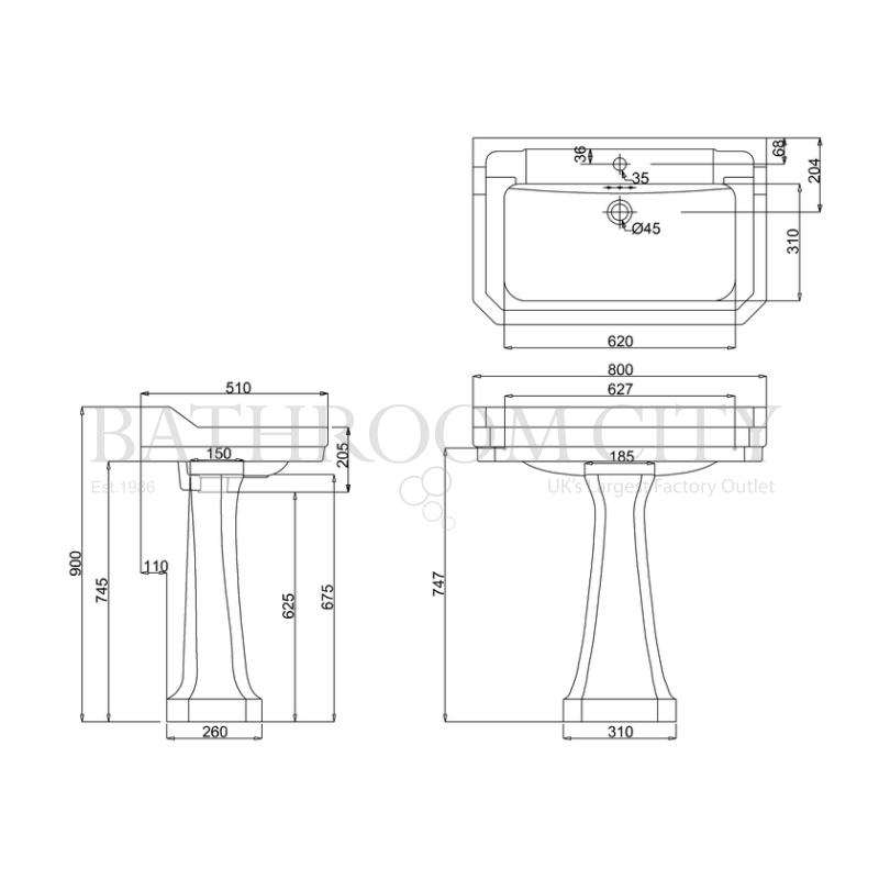 Edwardian Basin 80cm and standard pedestal Specification Diagram