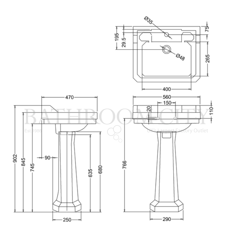 Edwardian Basin 56cm and Regal pedestal Specification Diagram