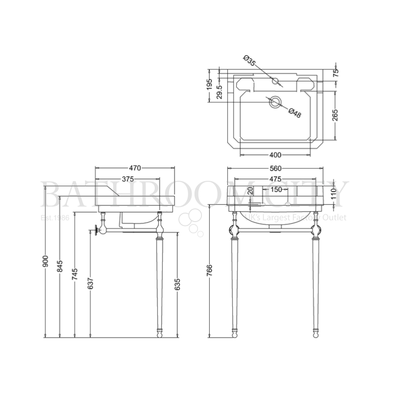 Edwardian Basin 56cm with washstand Specification Diagram