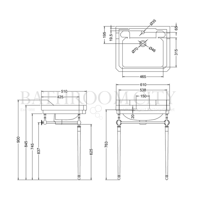 Edwardian Basin 61cm And wash stand Specification Diagram