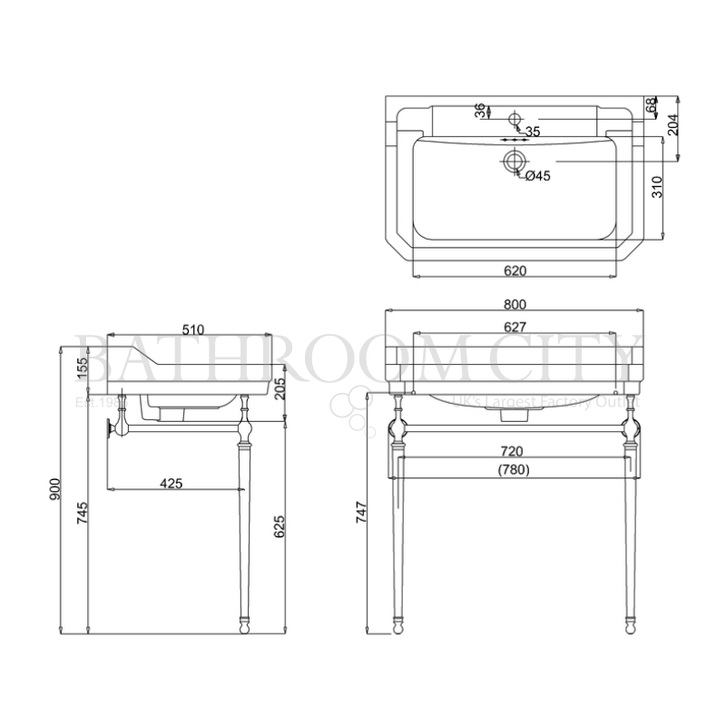 Edwardian 80cm basin and washstand Specification Diagram