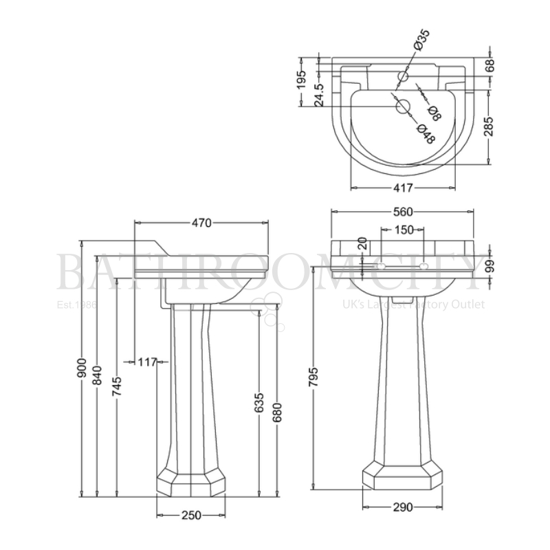 Edwardian Round  Basin 56cm and pedestal Specification Diagram