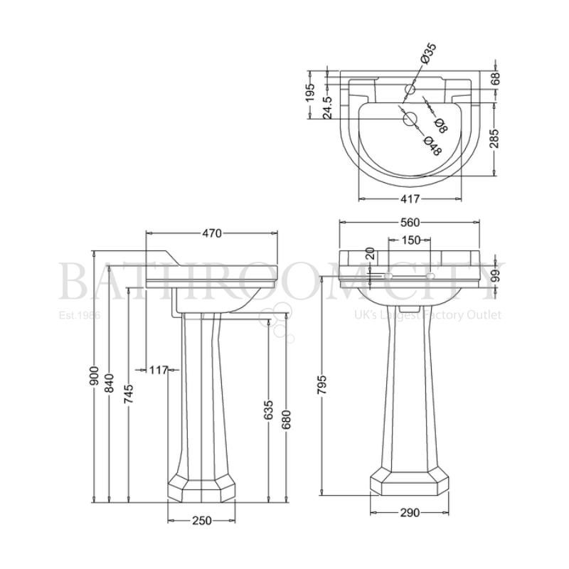 Edwardian Round  Basin 56cm and Regal Pedestal Specification Diagram