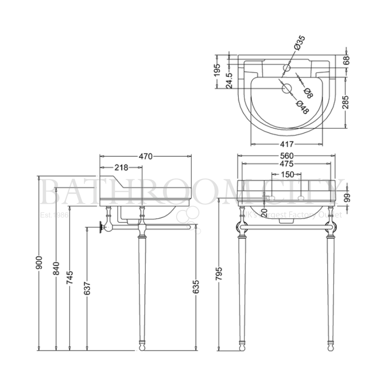 Edwardian Round  Basin 56cm and Wash Stand Specification Diagram