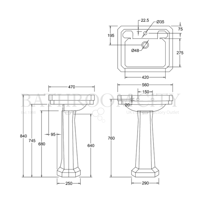 Victorian Basin 56cm and Pedestal Specification Diagram