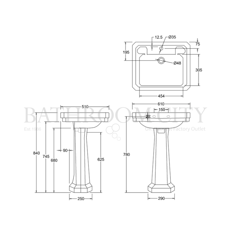 Victorian Basin 61cm and Pedestal Specification Diagram