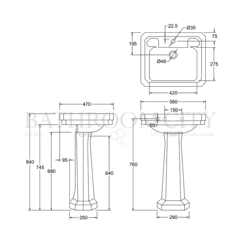 Victorian Basin 56cm and Regal Pedestal Specification Diagram