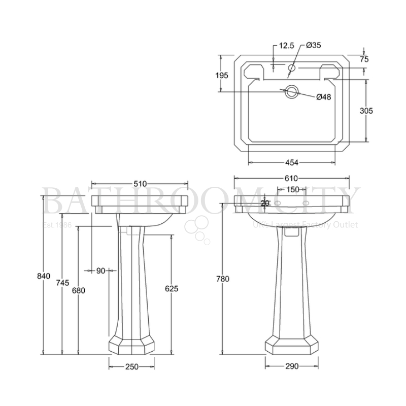 Victorian Basin 61cm and Regal Pedestal Specification Diagram