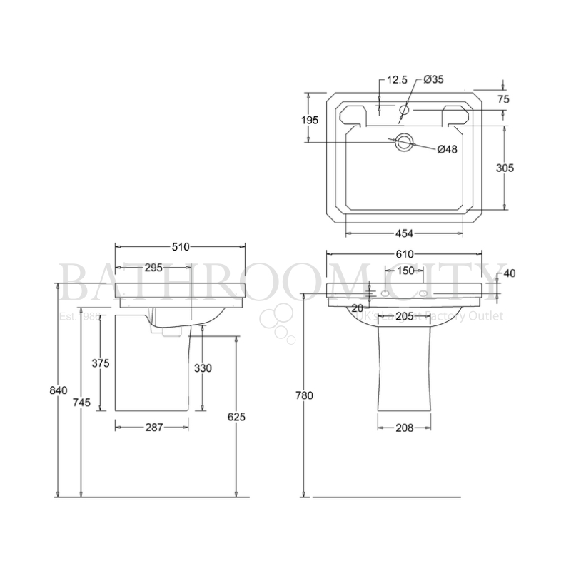 Victorian Basin 56cm and Semi Pedestal Specification Diagram