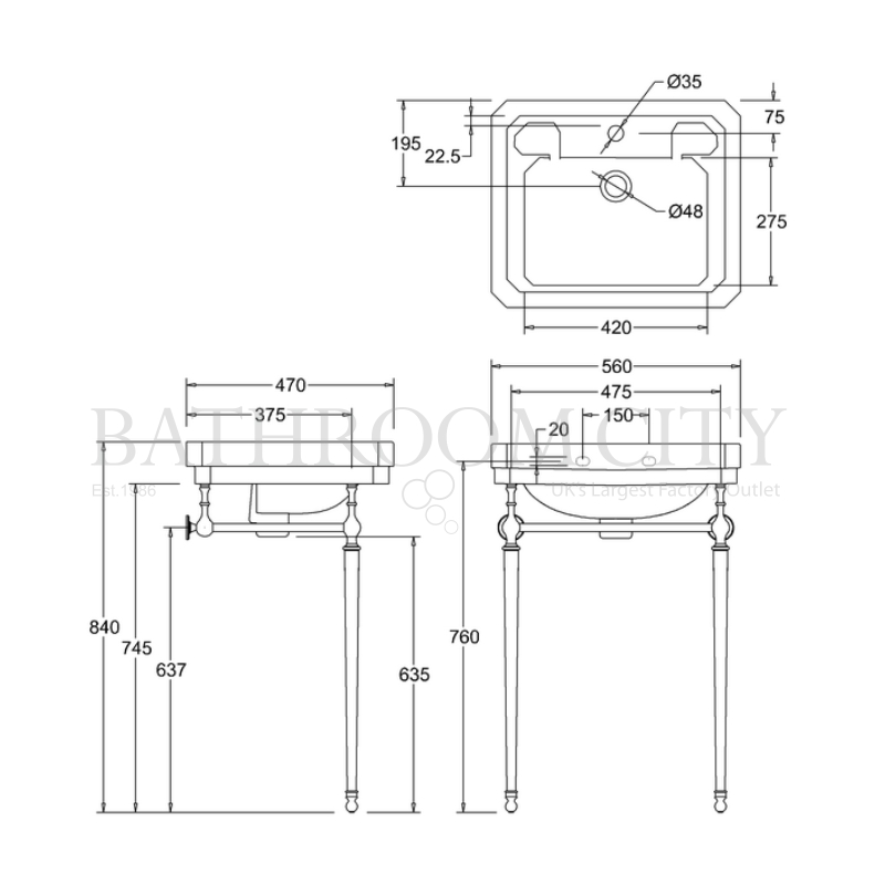 Victorian Basin 56cm and chrome Washstand Specification Diagram