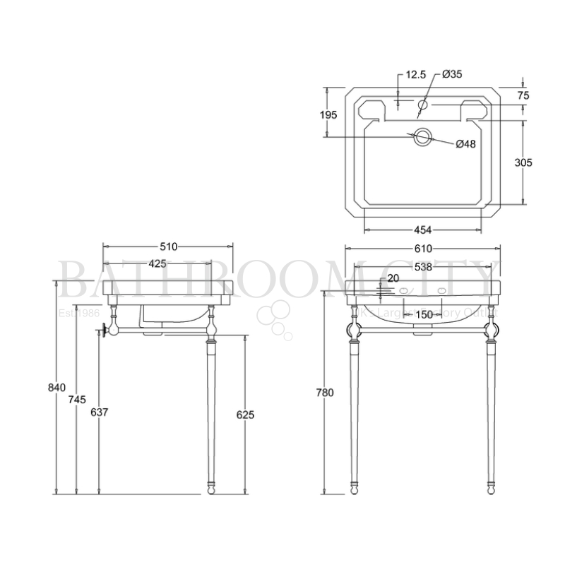 Victorian Basin 61cm And Chrome Washstand Specification Diagram