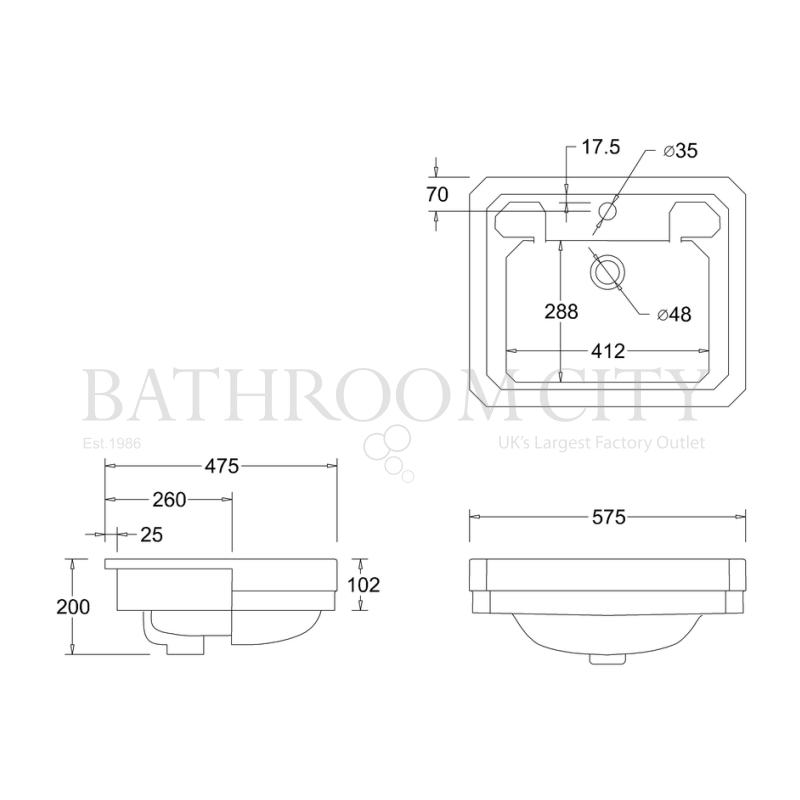 Burlington Semi Recessed Basin 58cm Specification Diagram