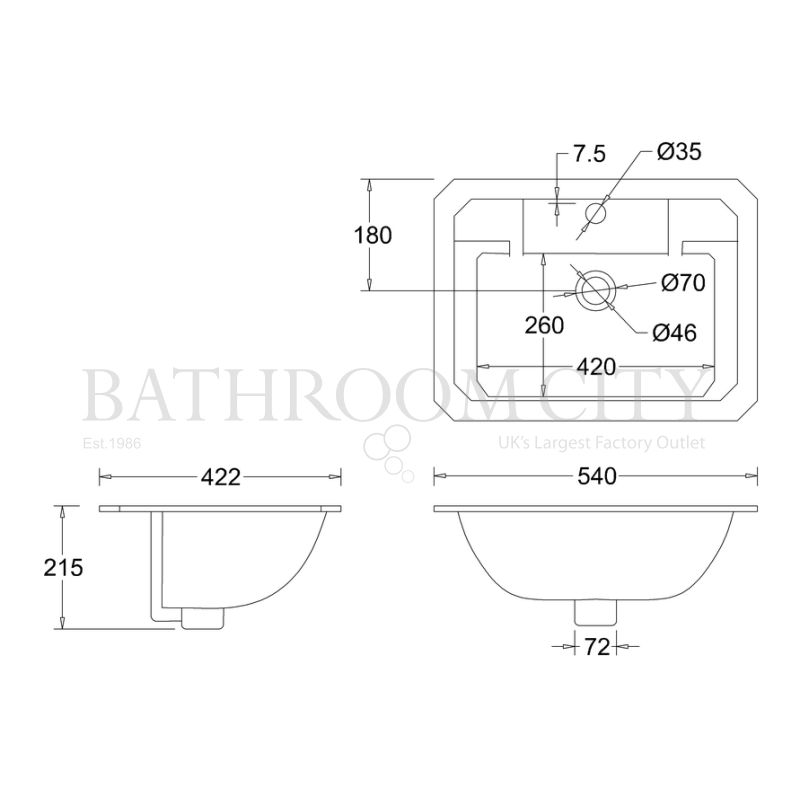 Burlington Countertop Vanity Basin 54cm Specification Diagram