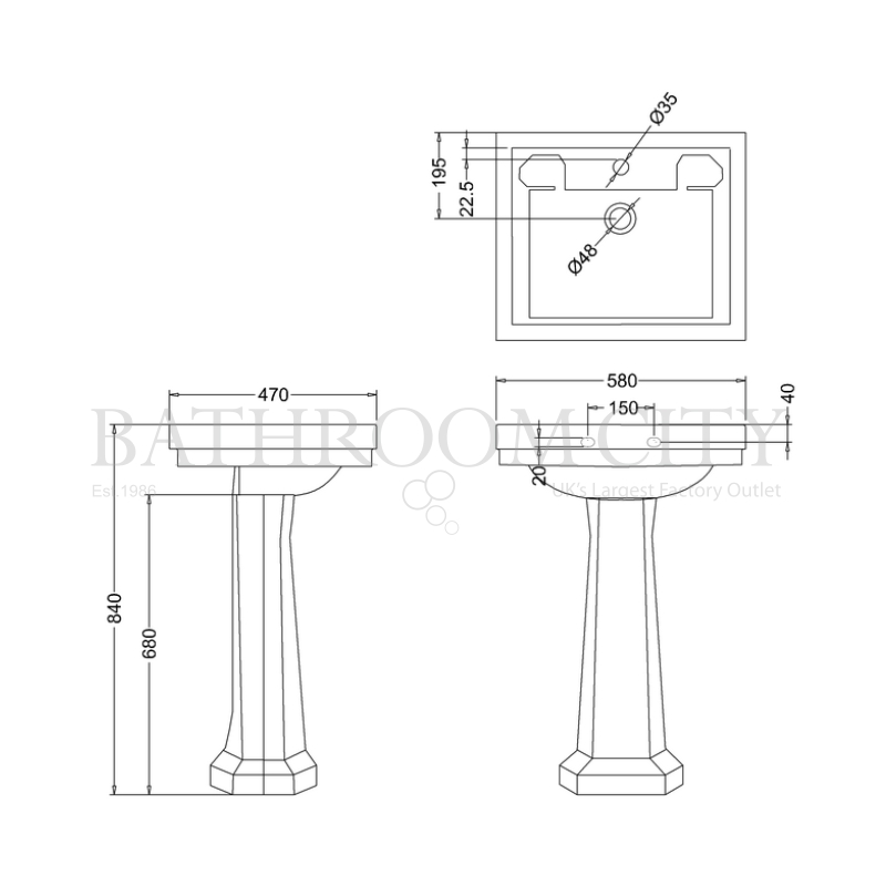 Contemporary Basin 58cm and Pedestal Specification Drawing