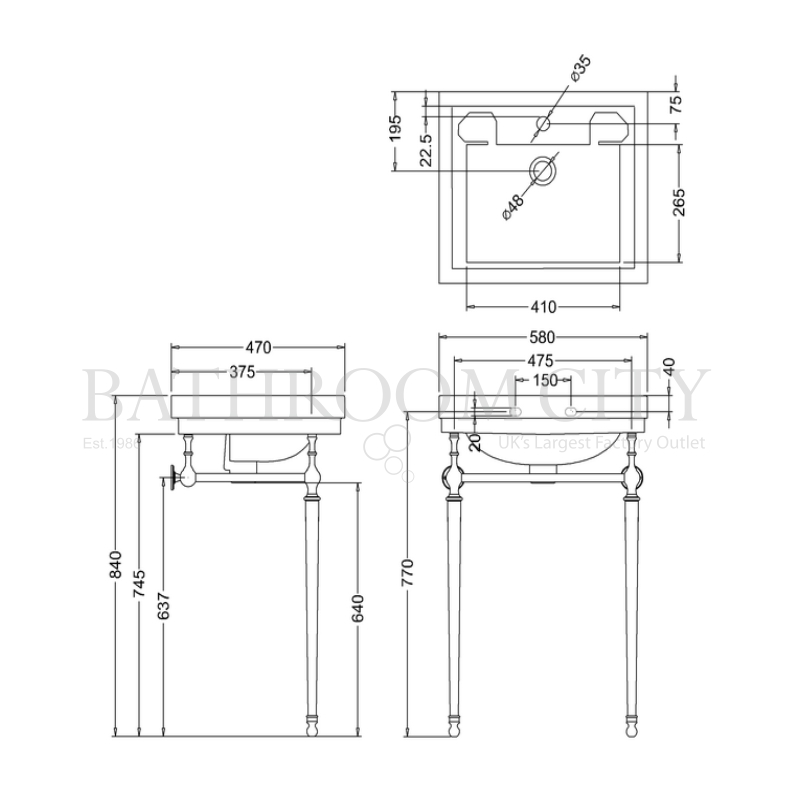 Contemporary Basin 58cm and Chrome Washstand Specification Diagram