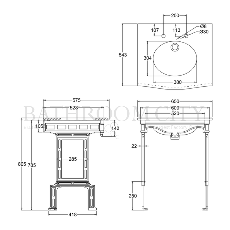 Georgian Marble basin washstand Aluminium with Splash backs Specification Drawing