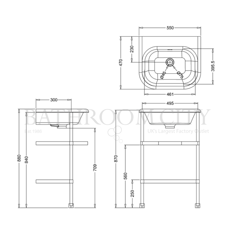 Traditional natural Stone 550 Basin and Washstand Specification Diagram