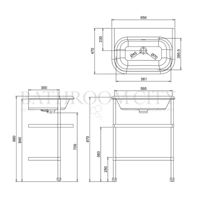 Traditional Natural Stone 650 Basin and Washstand Specification Diagram