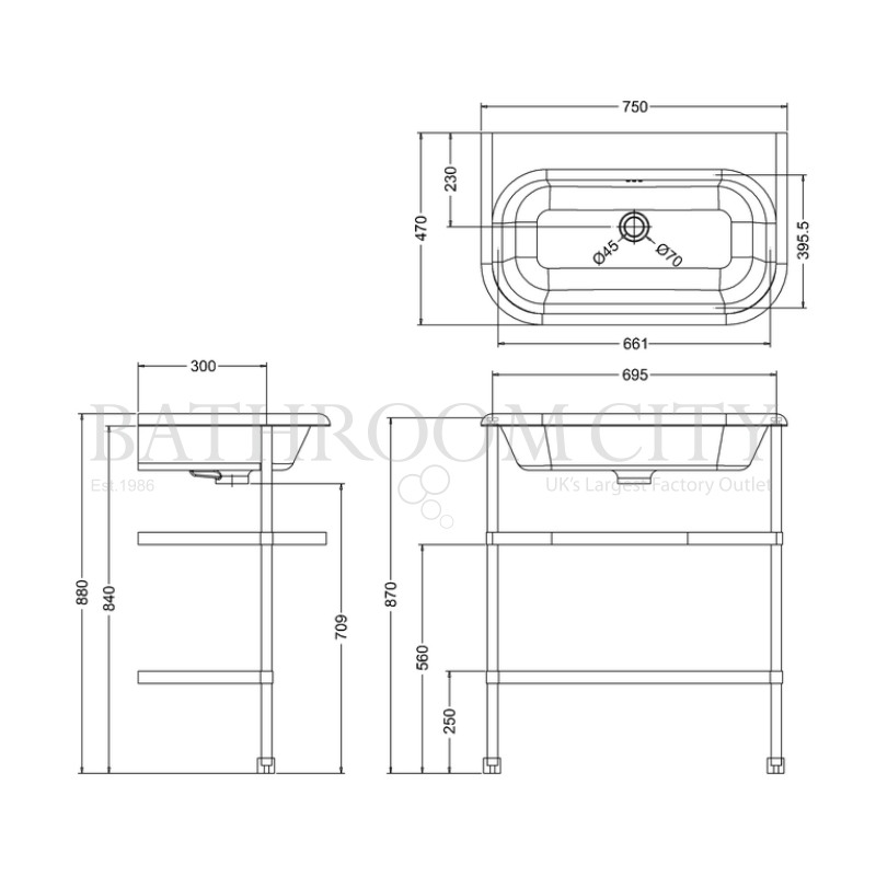 Traditional Natural Stone 750 Basin and Washstand Specification Diagram