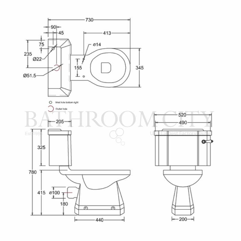 Close Coupled Toilet and cistern 51cm Specification Diagram