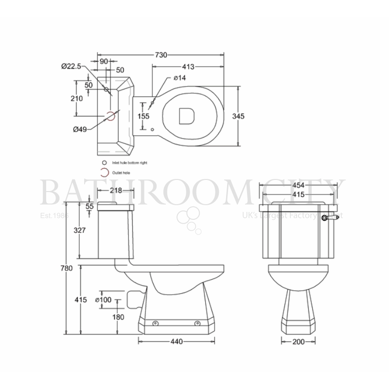 Close Coupled Toilet and cistern 44cm Specification Diagram