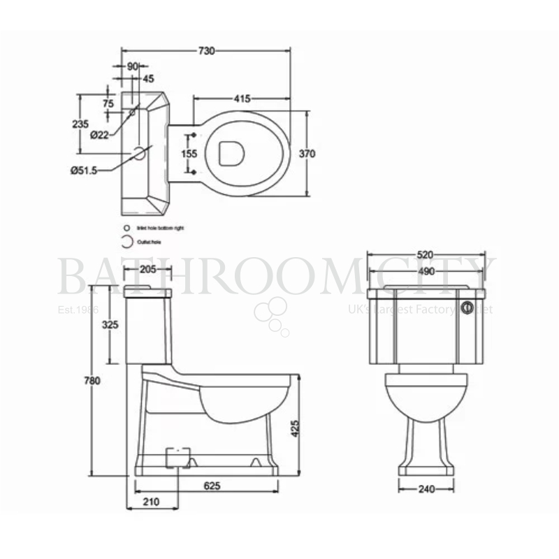 Close Coupled S trap Toilet and cistern 51cm Specification Diagram