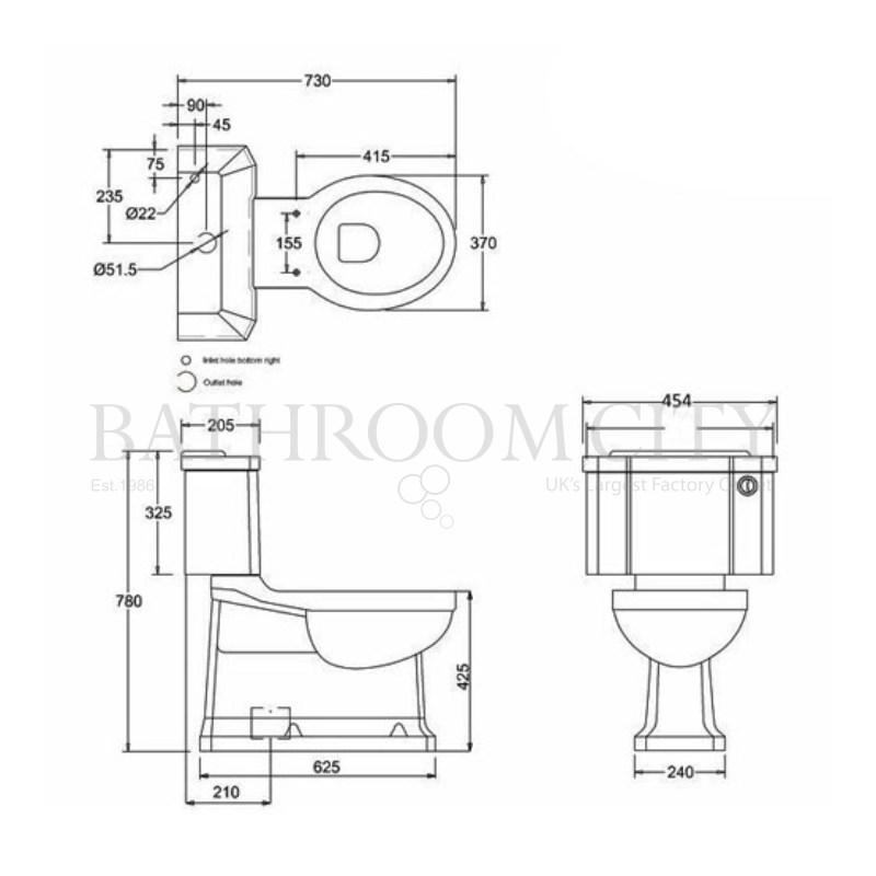 Close Coupled S trap Toilet and cistern 44cm Specification Diagram