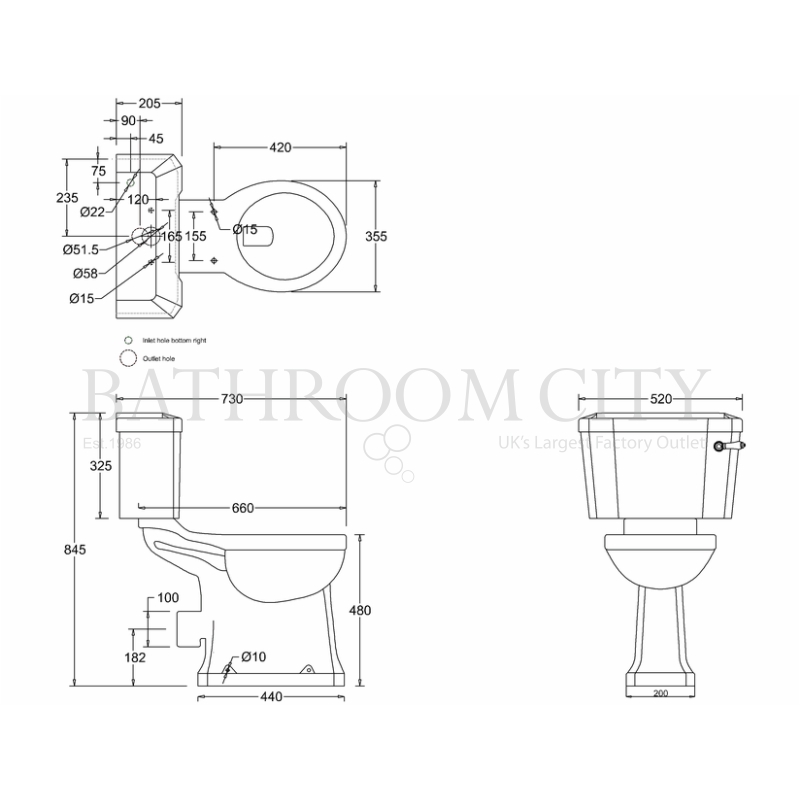 Regal Close Coupled Toilet and cistern 51cm Specification Diagram