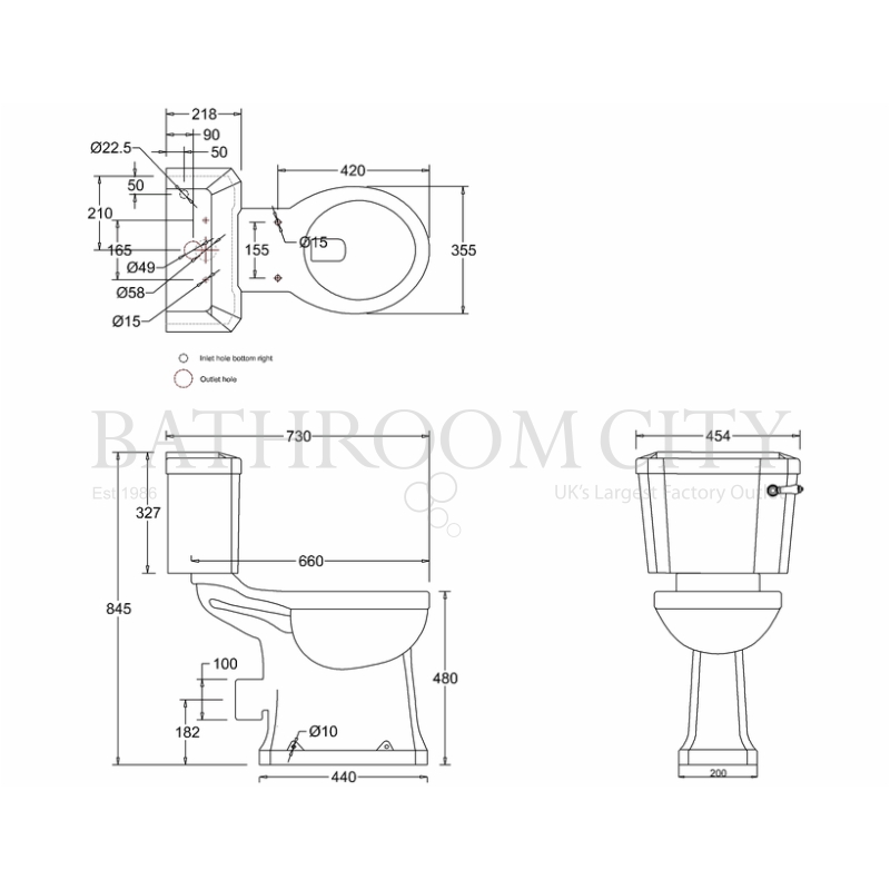 Regal Close Coupled Toilet and cistern 44cm Specification Diagram