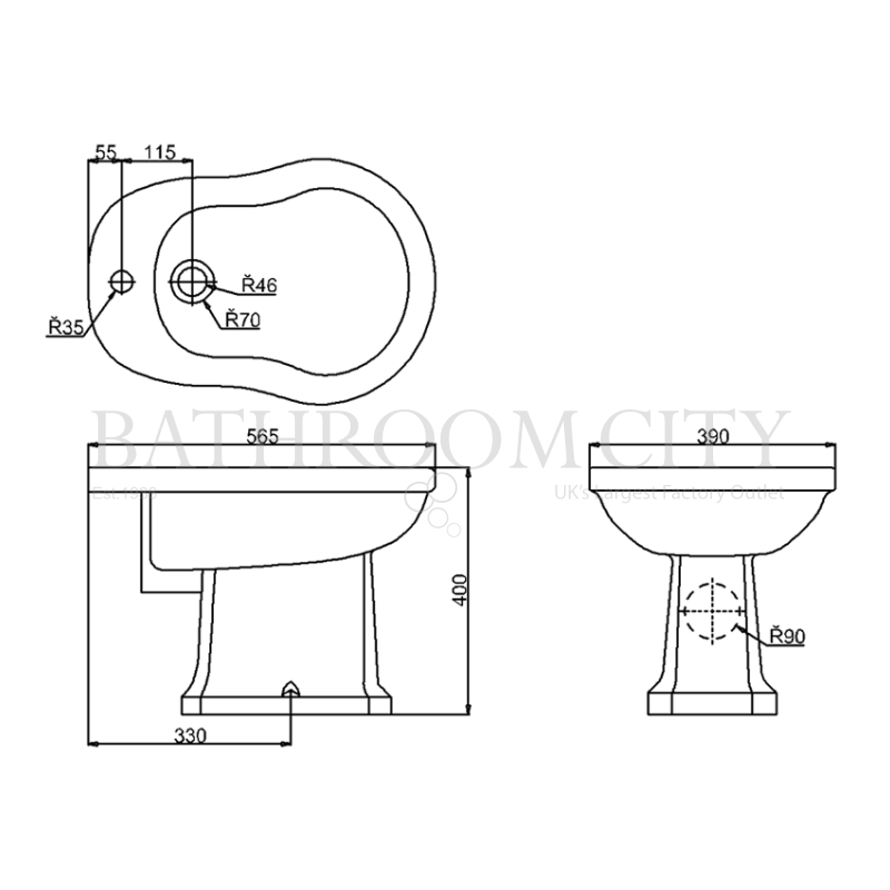 Burlington Bidet with one tap hole and overflow Specification Diagram