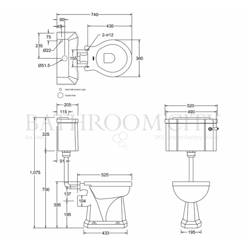 Low level toilet Pan with cistern and flush kit Specification Drawing