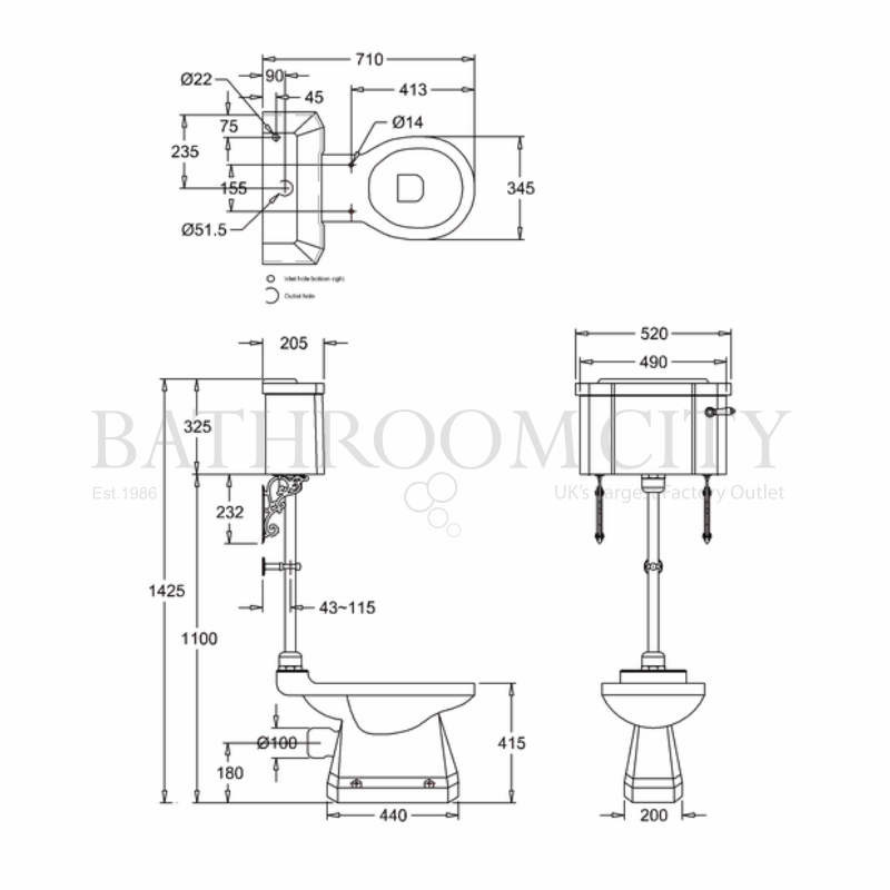 Medium Level Toilet Pan With Cistern and Flush Kit Specification Diagram