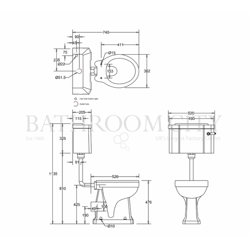 Regal Low level toilet Pan with cistern and flush kit Specification Diagram