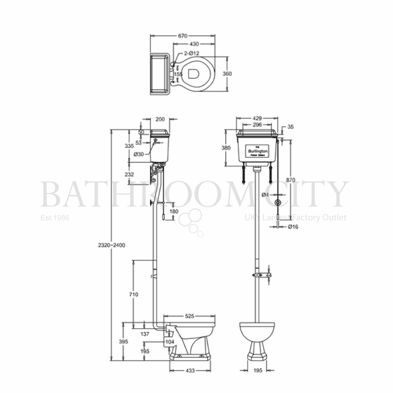 High level toilet pan with Brushed Aluminium cistern and flush kit Specification Diagram