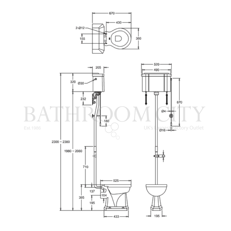 High level toilet pan with White Aluminium cistern and flush kit Specification Diagram