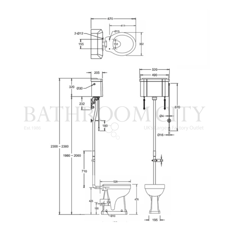 Regal High level toilet pan with White Aluminium cistern and flush kit Specification Diagram