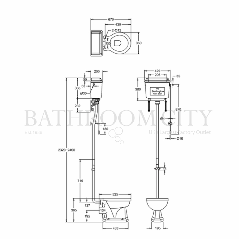 Regal High level toilet pan with Black Aluminium cistern and flush kit Specification Diagram