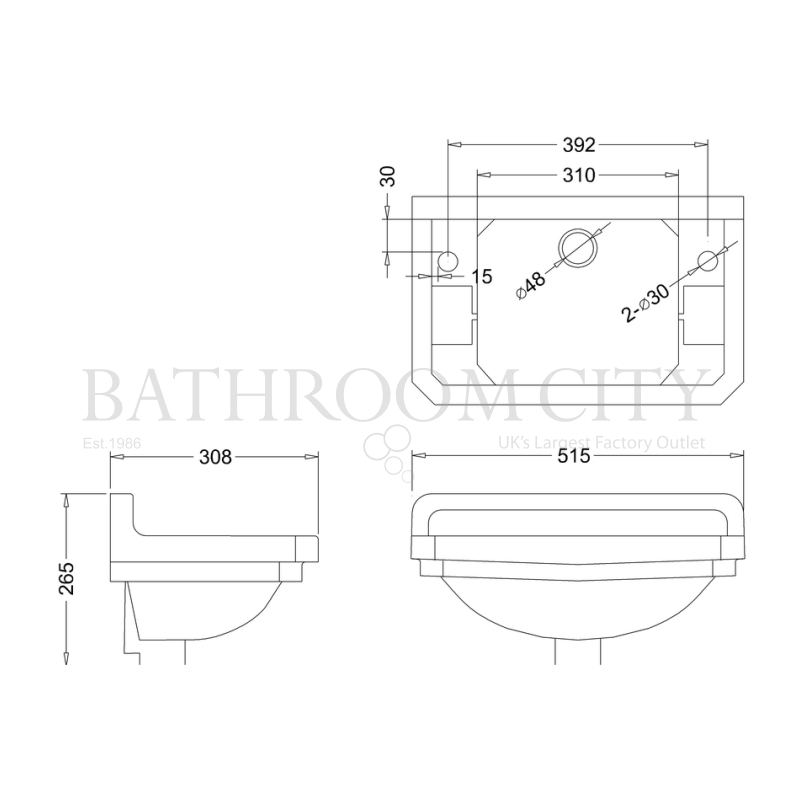 Edwardian Cloakroom Basin 51cm 2TH Specification Diagram