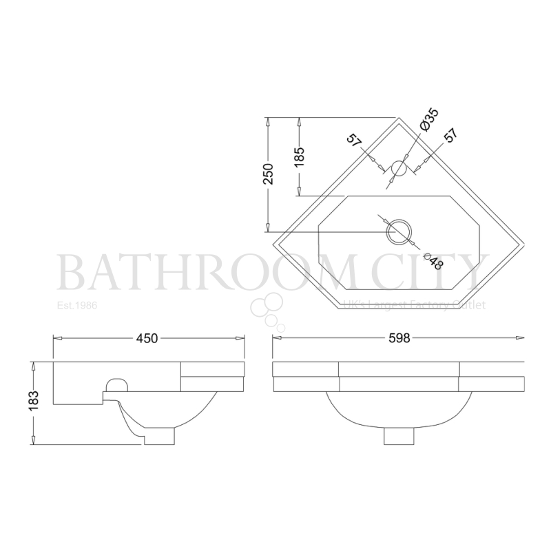 Burlington Corner Basin 59.8cm 1TH Specification Diagram