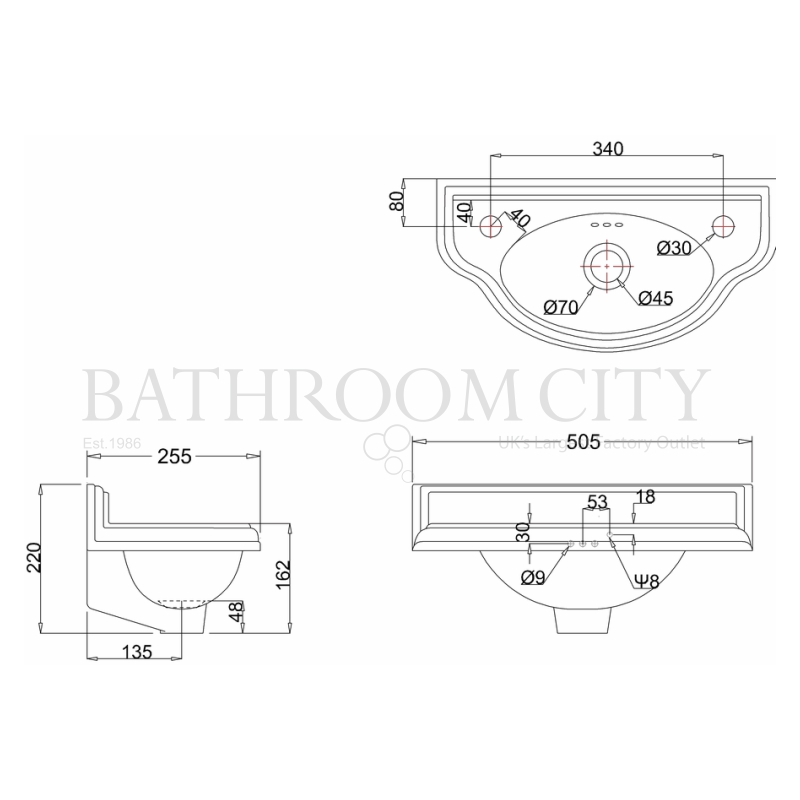 Burlington Curved Cloakroom Basin Specification Diagram